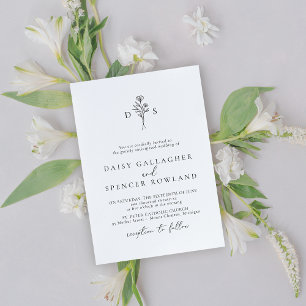 Invitation Mariage simple de monogramme floral noir et blanc