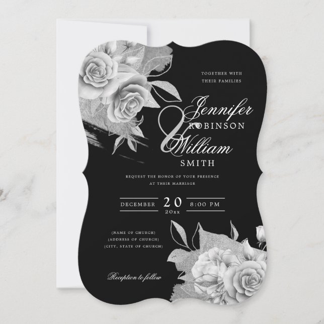 Invitation Mariage simple élégant Argent Floral & Foil Noir (Devant)