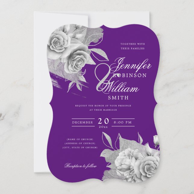 Invitation Mariage simple élégant Argent Floral & Foil Violet (Devant)