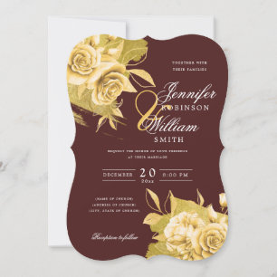 Invitation Mariage simple élégant Or Floral Foil Bourgogne