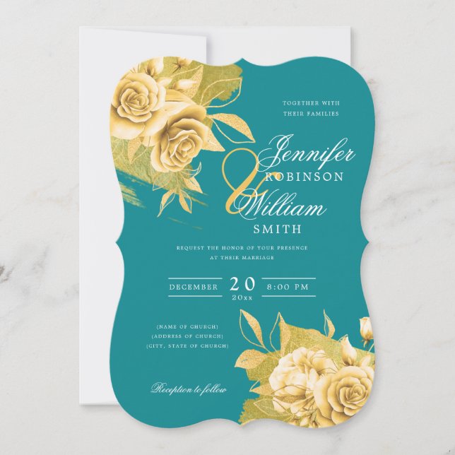 Invitation Mariage simple élégant Or Floral & Foil Turquoise (Devant)
