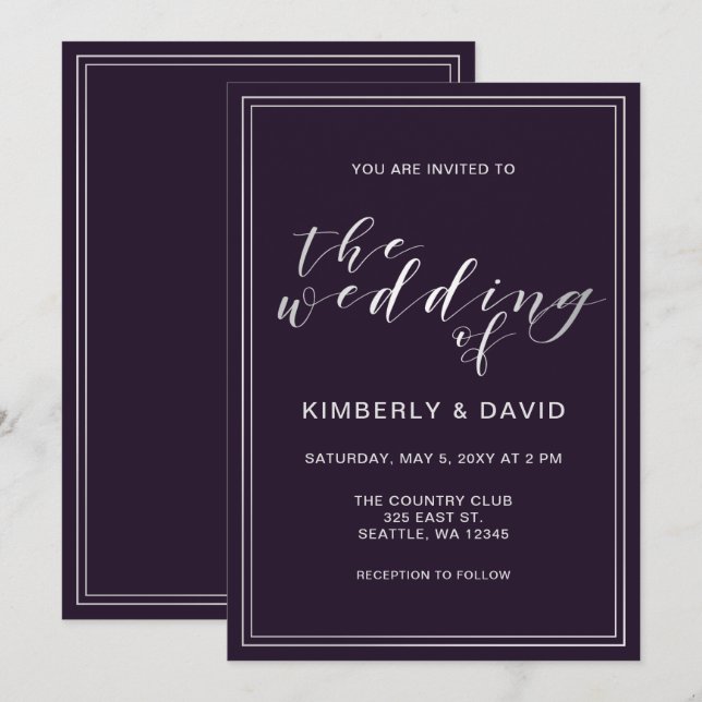Invitation Mariage simple en argent violet (Devant / Derrière)