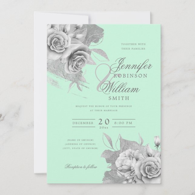 Invitation Mariage simple et élégant Argent Floral & Foil Min (Devant)