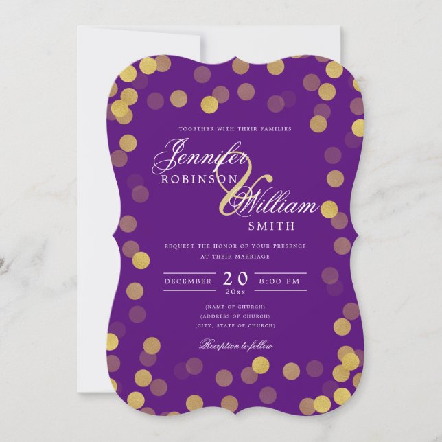Invitation Mariage simple et élégant or violet Confetti (Devant)