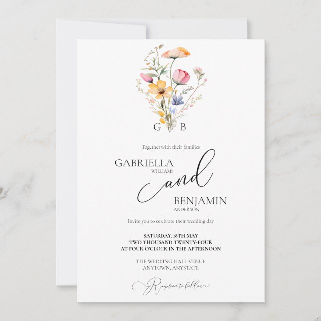 Invitation Mariage simple Fleur sauvage de couleur aquarelle (Devant)