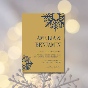 Invitation Mariage simple flocon de neige bleu marine et or a