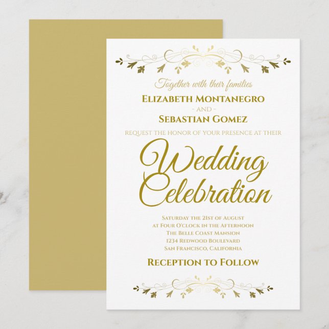 Invitation Mariage simple Gold et White Elegree (Devant / Derrière)