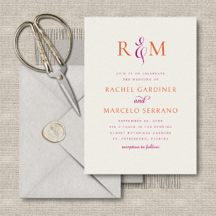 Invitation Mariage simple Monogramme Magenta Orange brillant