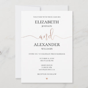 Invitation Mariage simple or et blanc. Calligraphie élégante