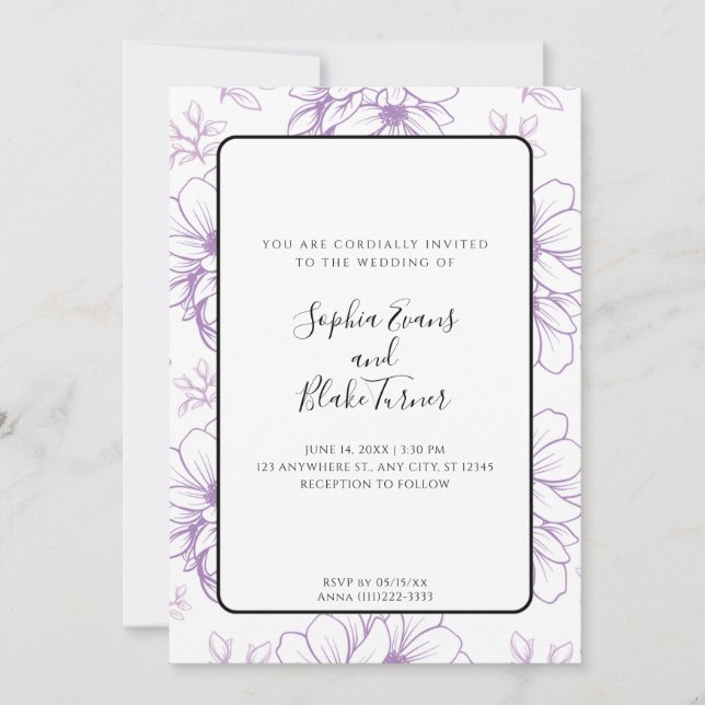 Invitation Mariage simple romantique ligne violet tiré Fleurs (Devant)