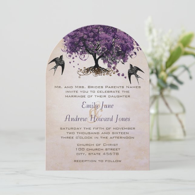 Invitation Mariage Simply Peachy Purple Heart Leaf Tree (Debout devant)
