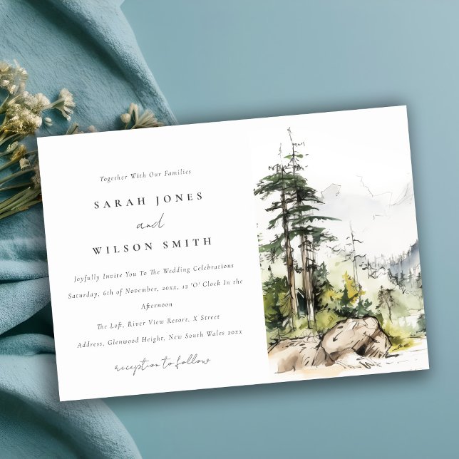Invitation Mariage Sketch Paysage de montagne de Soft Woods (Créateur téléchargé)