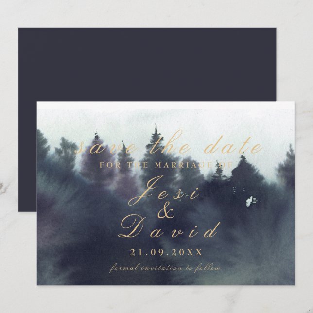 Invitation Mariage sombre et éthéré en forêt, Économisez la d (Devant / Derrière)