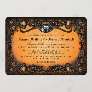 Invitation Mariage squelettique élégant noir orange de