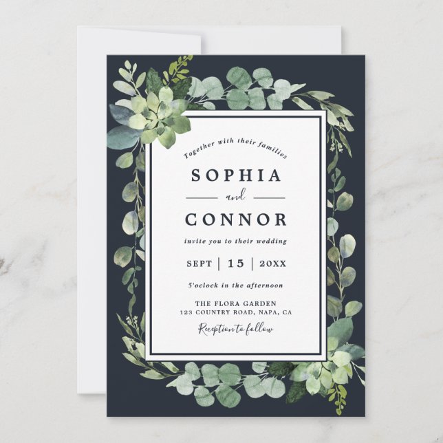 Invitation Mariage Succulent bleu marine de minuit (Devant)