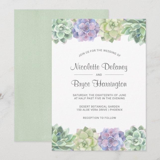 Invitation Mariage Succulent vert et pourpre du désert (Devant / Derrière)