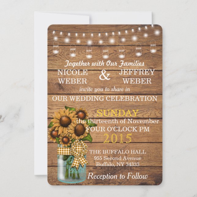Invitation Mariage Sunflower Country Wood Mason Jar (Devant)