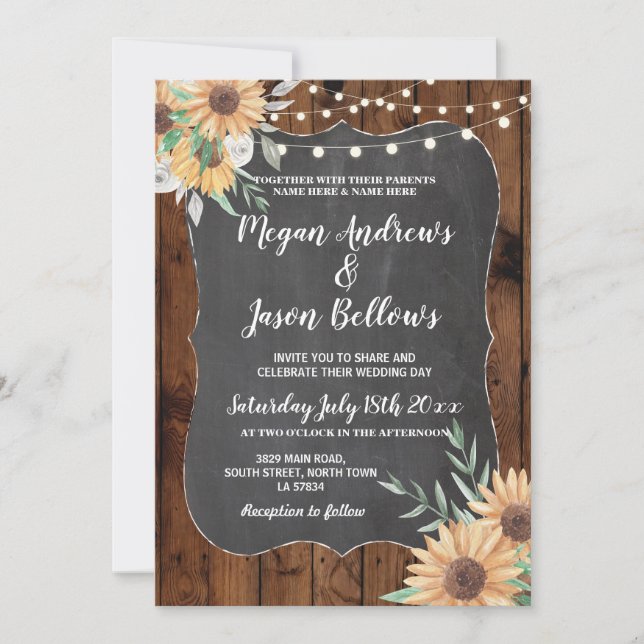 Invitation Mariage Sunflower Wood Floral Lights (Devant)