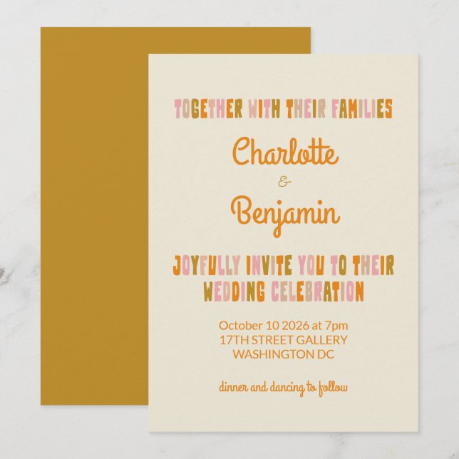 Invitation Mariage super couleur rose et moutarde (Devant / Derrière)