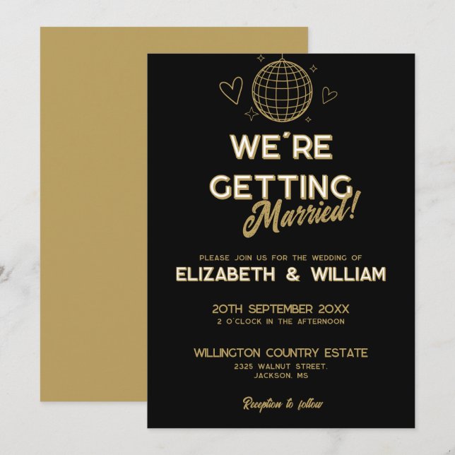Invitation Mariage Super Disco Black And Gold (Devant / Derrière)