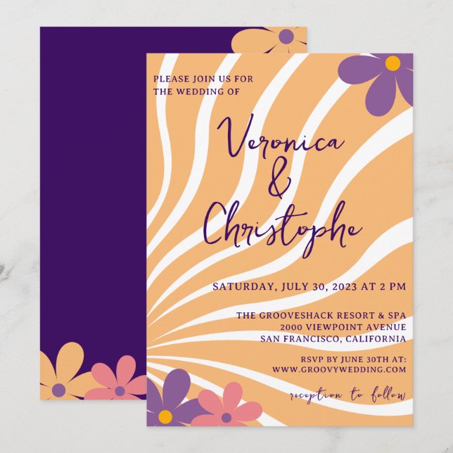 Invitation Mariage super Retro Orange violet (Devant / Derrière)