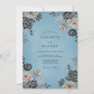 Invitation Mariage sur fond d'ardoise azur pétale pressée