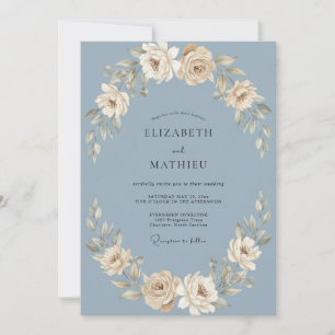 Invitation Mariage sur fond de pétales d'ivoire ardoise