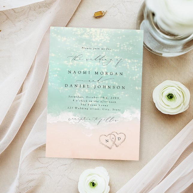 Invitation Mariage sur la plage à Modern Script coeurs dans l (Modern Script Hearts In The Sand Beach Wedding Invitation)