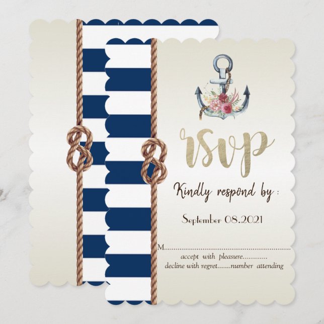 Invitation Mariage sur la plage Corde Navy, rayé  RSVP   (Devant / Derrière)