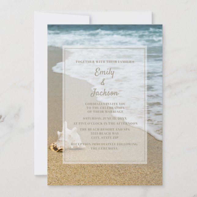 Invitation Mariage sur la plage océan coquillage sableux (Devant)
