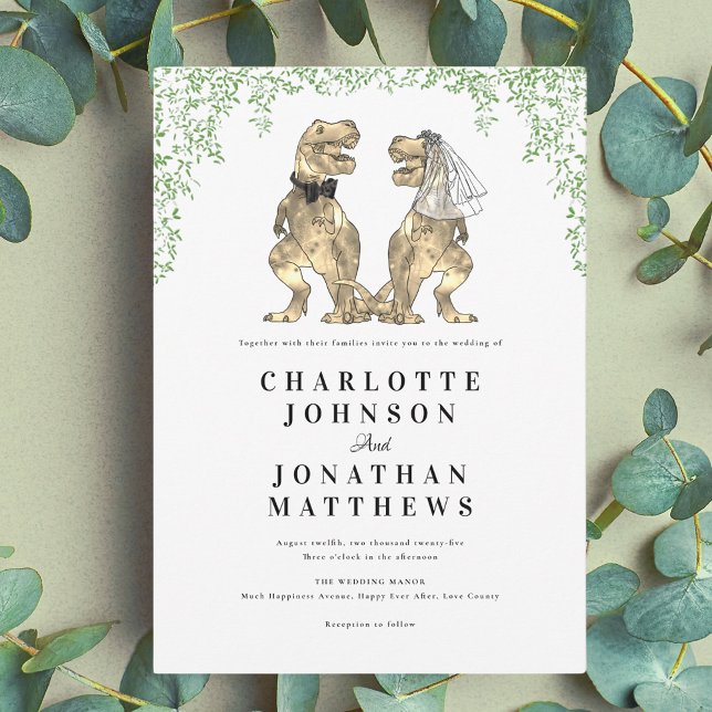 Invitation Mariage sur le thème des dinosaures (Dinosaur theme wedding with greenery invitation)