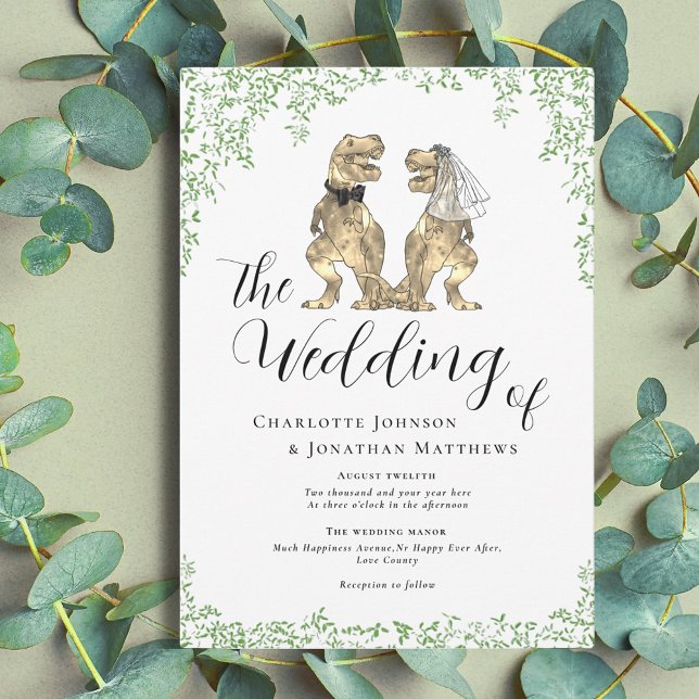 Invitation Mariage sur le thème des dinosaures (Dinosaur them wedding with watercolor eucalyptus foliage invitation)