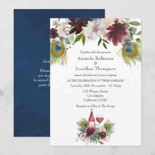 Invitation Mariage sur le thème du vin Paon Bourgogne et Navy