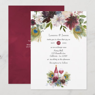 Invitation Mariage sur le thème du vin Paon Bourgogne et Navy