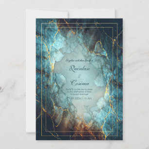 Invitation Mariage sur le thème d'une géode dorée turquoise s