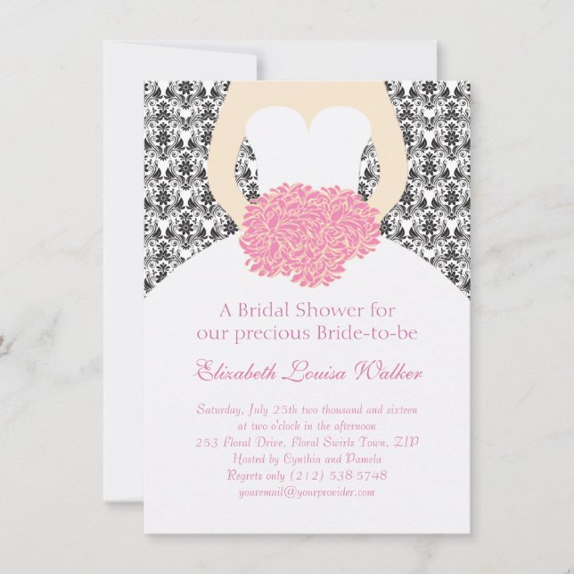 Invitation Mariage sur une Fête de l'mariée de damas noir flo (Devant)