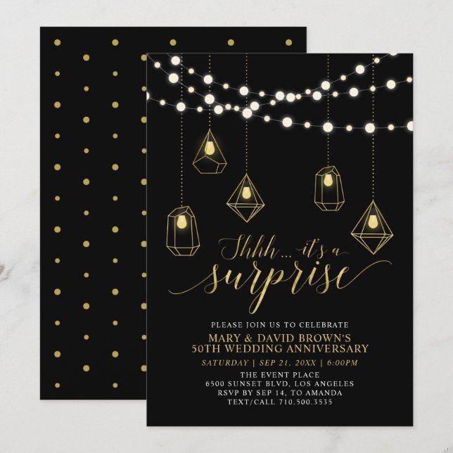 Invitation Mariage surprise aux lumières dorées et noires pou (Devant / Derrière)