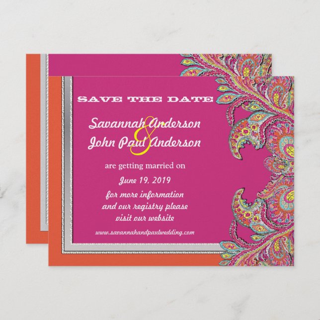 Invitation Mariage Tangerine et Fuchsia Argenté, Enregistrez  (Devant / Derrière)