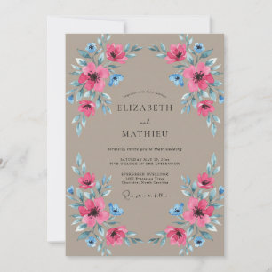 Invitation Mariage Taupe aux Pavots Magenta