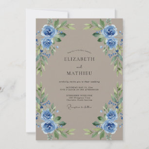 Invitation Mariage Taupe Bleuet Feuillage Eucalyptus