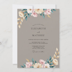 Invitation Mariage Taupe Rose Blush Ranunculus Eucalyptus