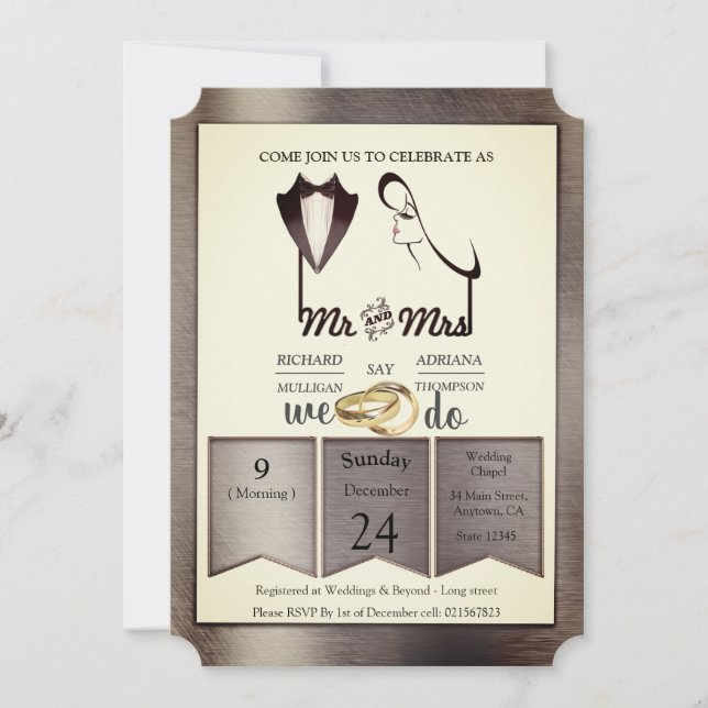 Invitation Mariage Tendance Feuille d'Or-Argent-Laiton (Devant)