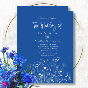Invitation Mariage tendance Fleur sauvage Blanc Bleu cobalt