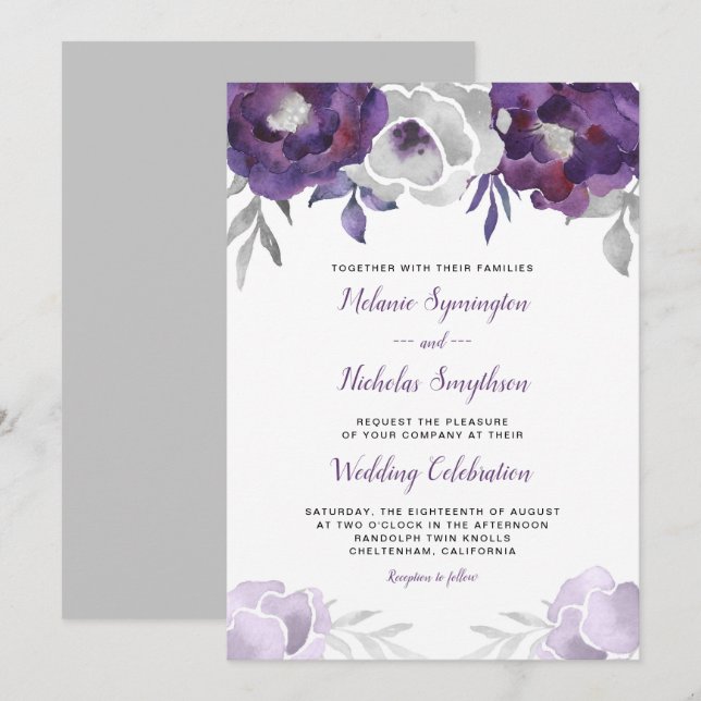 Invitation Mariage tendance violet argenté Floral 3963 (Devant / Derrière)