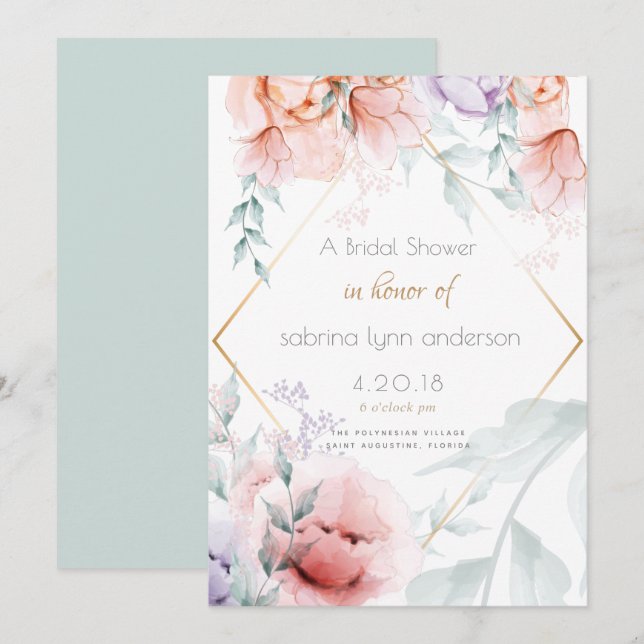 Invitation Mariage | Tendances Corail et Pivoines Aquarelle L (Devant / Derrière)