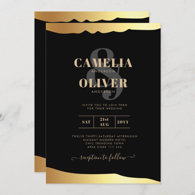 Invitation Mariage Tenue de Soirée Écriture de Feuille d'Or É (Devant / Derrière)