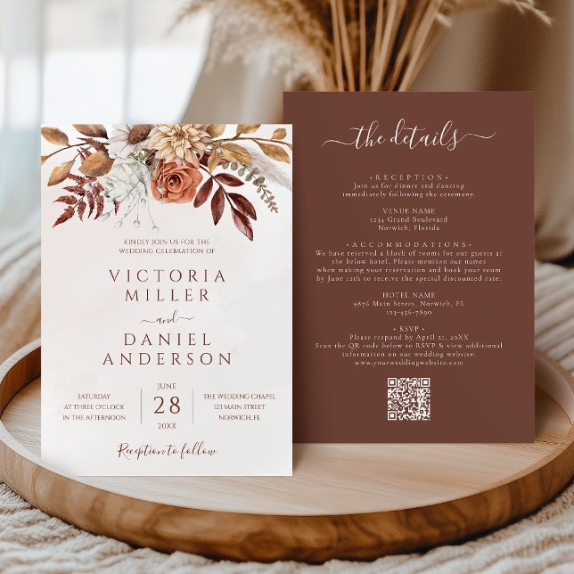 Invitation Mariage Terre Cuite Fleurs Bohème Automne (Créateur téléchargé)