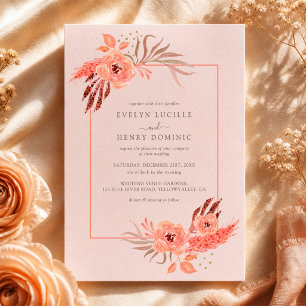 Invitation Mariage Terre Cuite Floral Rose Corail Rustique