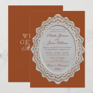 Invitation Mariage Terre Cuite Orange Brûlée Dentelle Vieille