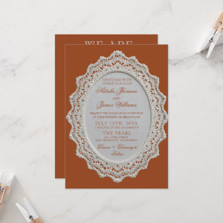 Invitation Mariage Terre Cuite Orange Brûlée Dentelle Vieille